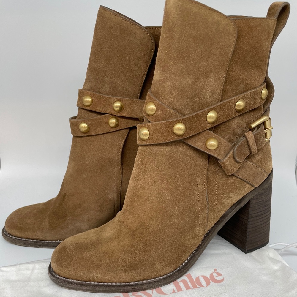 See by Chloe caramel suede booties w/ankle strap 9